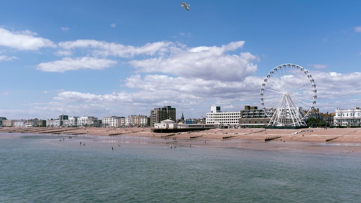 Worthing seafront and observation wheel on a clear day